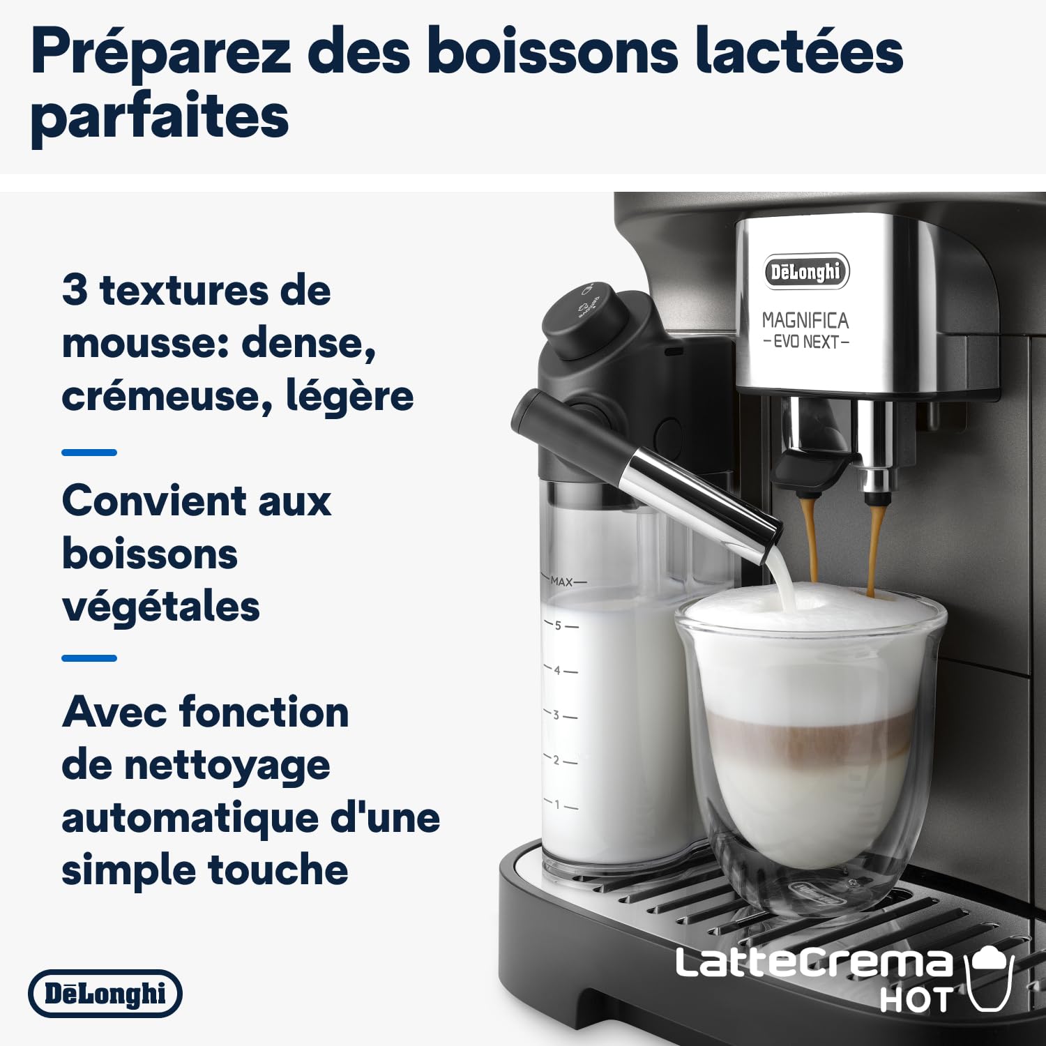 De’Longhi Magnifica Evo Next - Perfetto Machine à Café Automatique avec LatteCrema Mousseur à Lait Automatique, 13 Boissons en une Seule Touche, Écran Tactile Couleurs, Titane et Noir (ECAM312.80.TB)