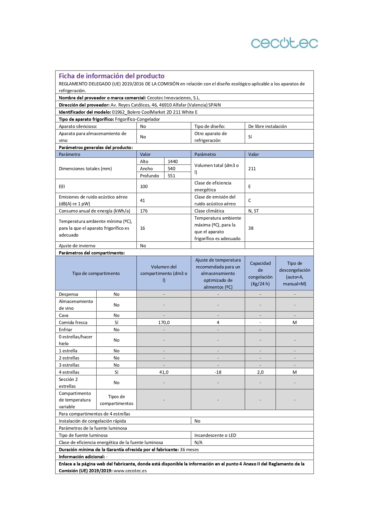 Cecotec Réfrigérateur de deux portes Bolero CoolMarket 2D 211 White E. Réfrigérateur blanc, 143 cm de haut, 211 L, Dégivrage, classe E, mode Congélation Rapide.