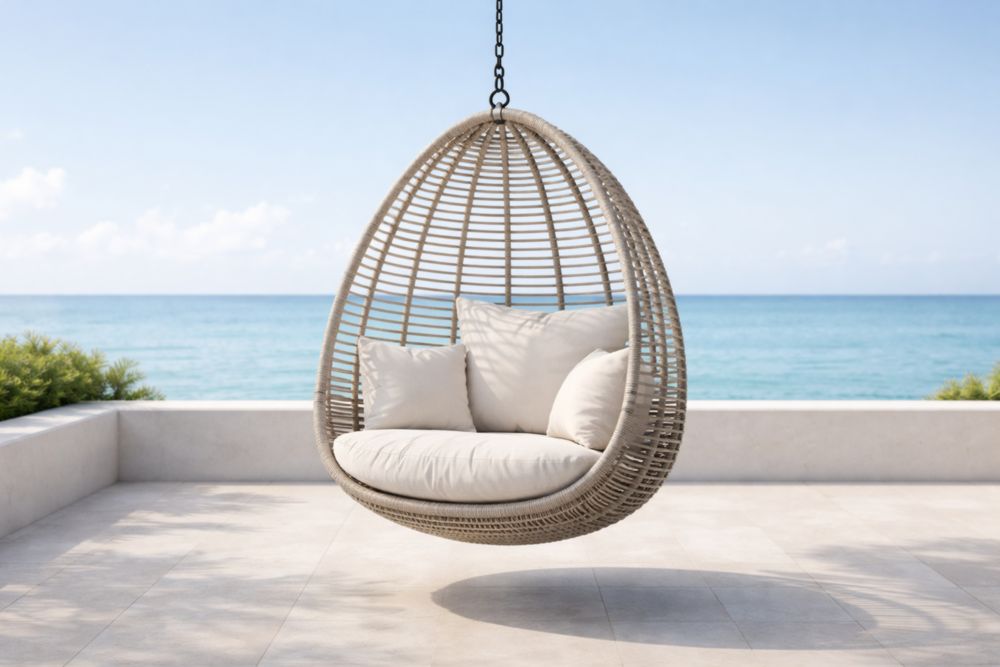 Chaise suspendue en rotin synthétique avec coussins crème-Roomnookco