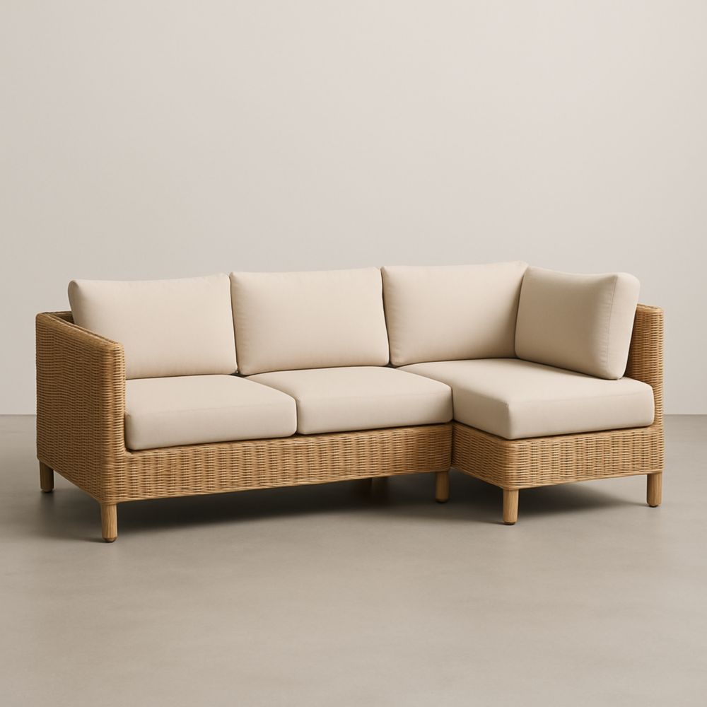 Canapé d'angle en rotin avec coussins en polyester beige-Roomnookco