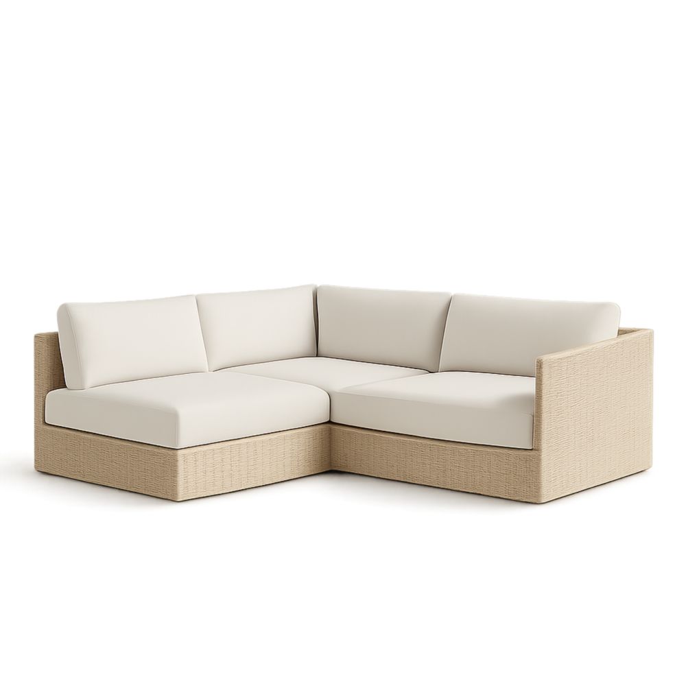 Canapé d'angle extérieur en résine tressée avec coussins crème-Roomnookco