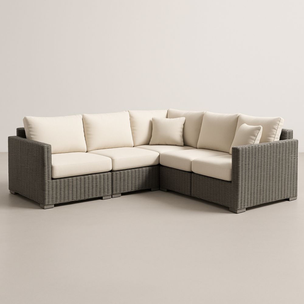 Canapé d'angle modulable extérieur résine tressée coussins crème-Roomnookco