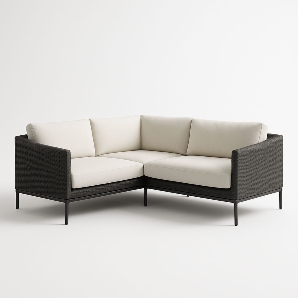 Canapé d'angle extérieur en rotin noir avec coussins beiges-Roomnookco