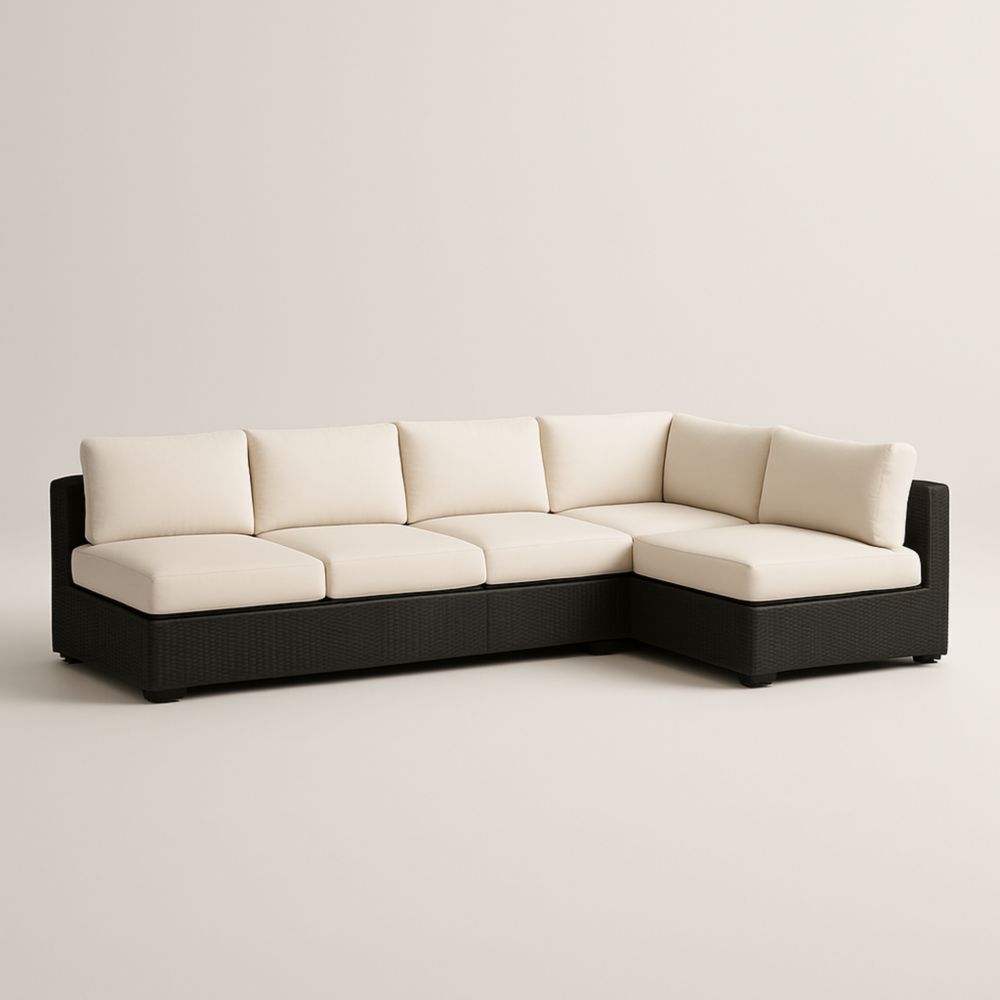 Canapé d'angle modulaire extérieur en résine tressée noire avec coussins beige-Roomnookco