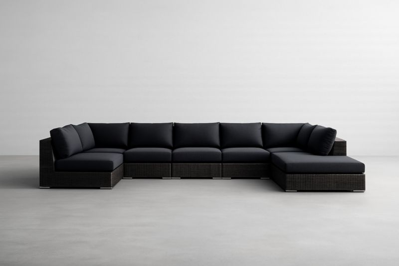 Canapé d'Angle en Rotin Synthétique Noir avec Coussins en Polyester