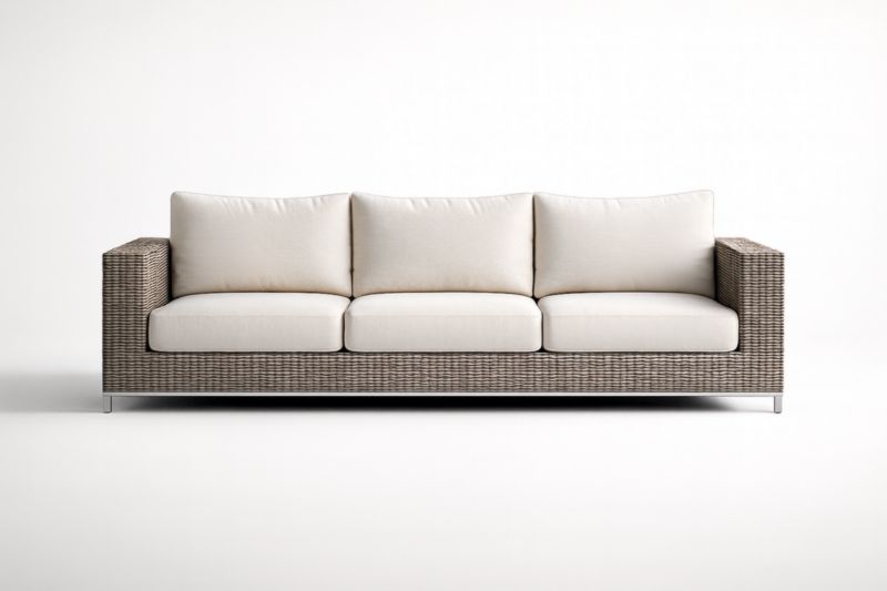 Canapé 3 Places Rotin Synthétique Beige avec Coussins Amovibles