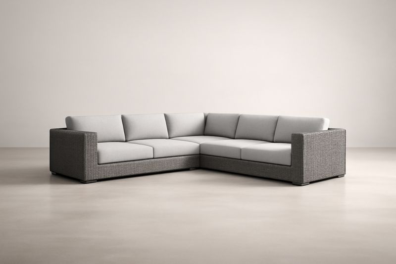 Canapé d'angle modulable en rotin gris avec coussins en polyester