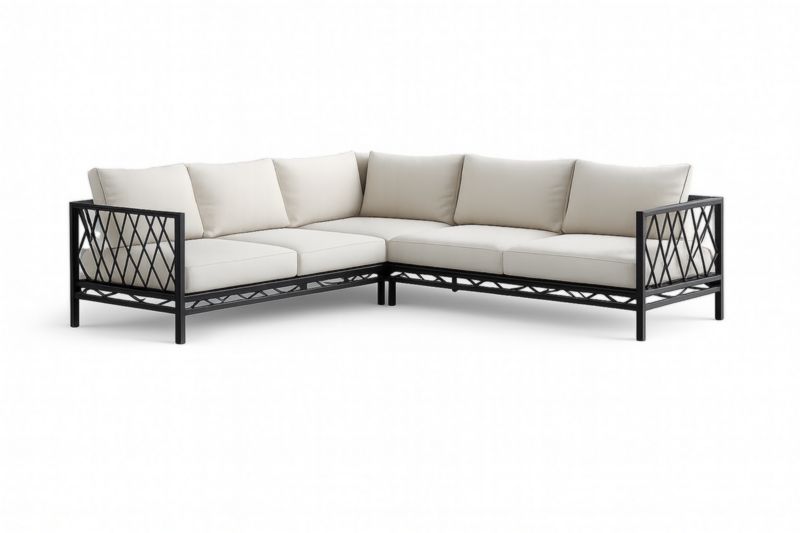 Canapé d'angle extérieur en aluminium noir avec coussins beiges