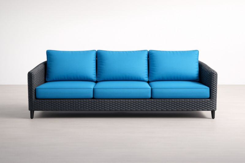 Canapé 3 places en rotin PE noir avec coussins en polyester bleu