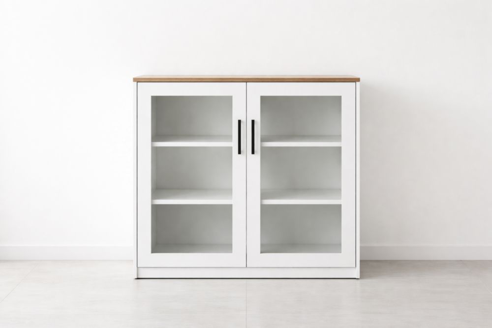 Buffet MDF Blanc et Chêne avec Portes en Verre Trempé