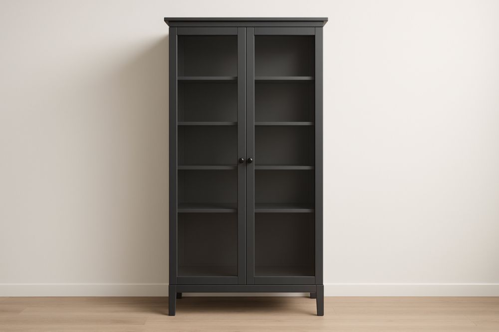 Meuble de rangement en bois massif noir avec portes vitrées, dimensions : 200×80×40 cm