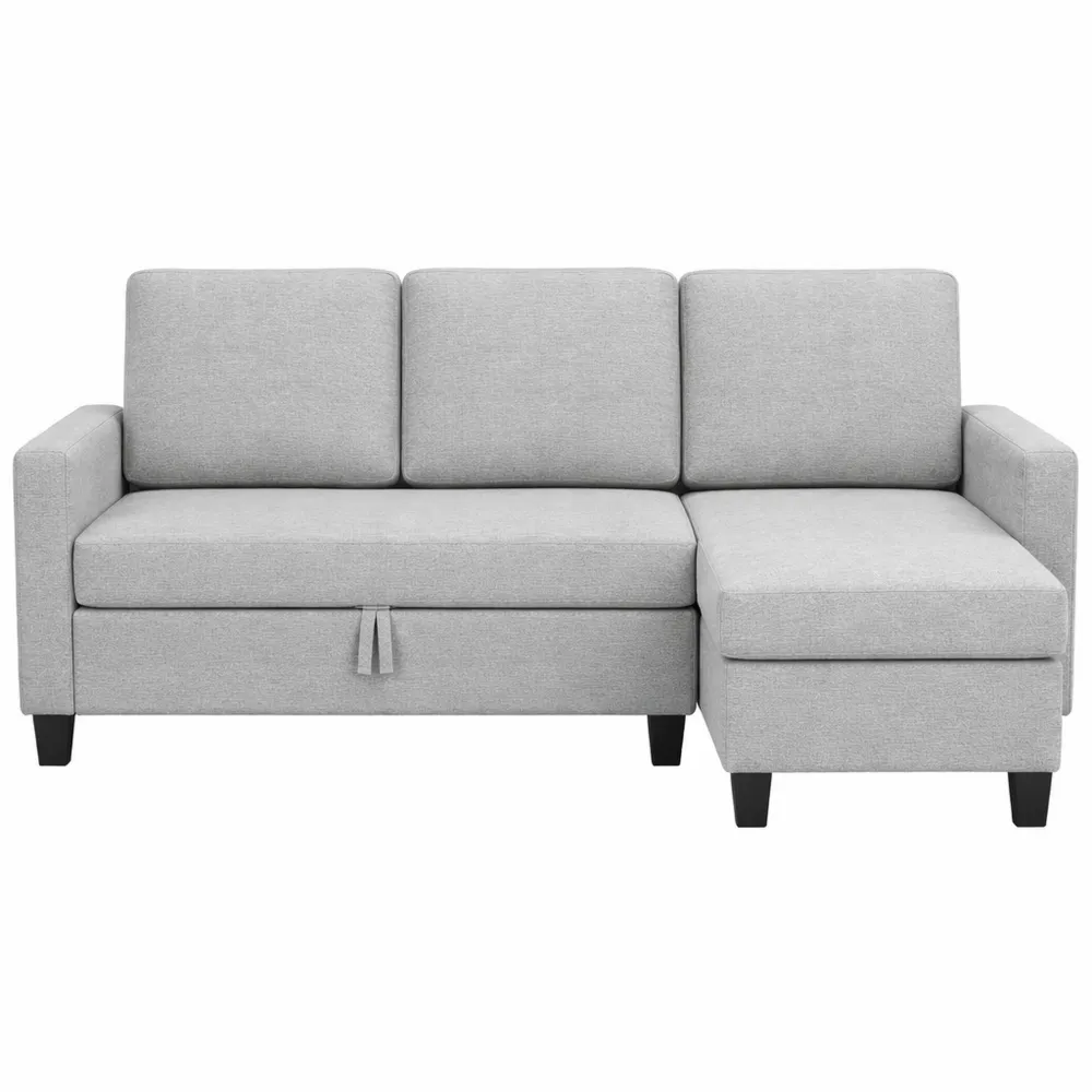 Canapé d'angle convertible réversible 3 places avec rangement intégré, tissu lin gris clair