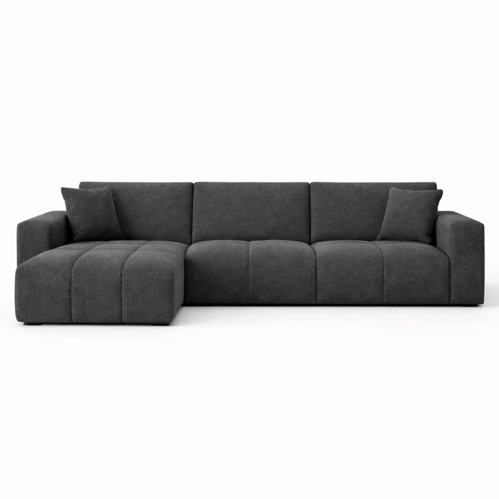 Canapé d'angle convertible en tissu bouclette avec espace de rangement gris foncé