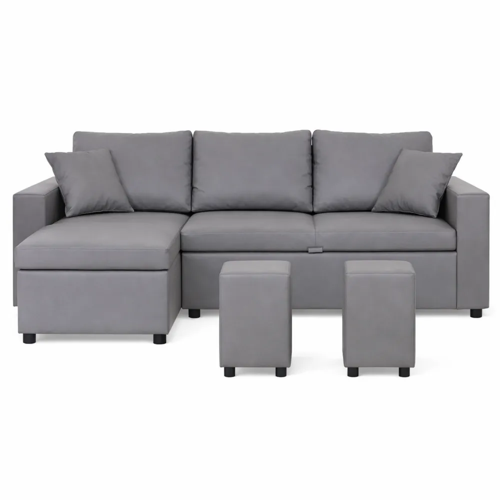 Canapé d'angle réversible 3 places avec rangement et poufs en simili gris