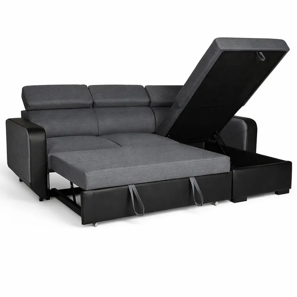 Canapé d'angle convertible 3 places avec méridienne réversible, appui-tête ajustable et rangement intégré en tissu gris et simili cuir noir
