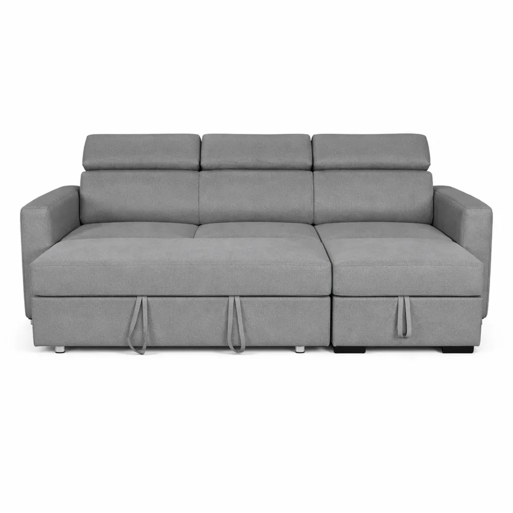 Canapé d'angle convertible 3 places en tissu gris avec méridienne réversible, appui-tête réglable et rangement intégré