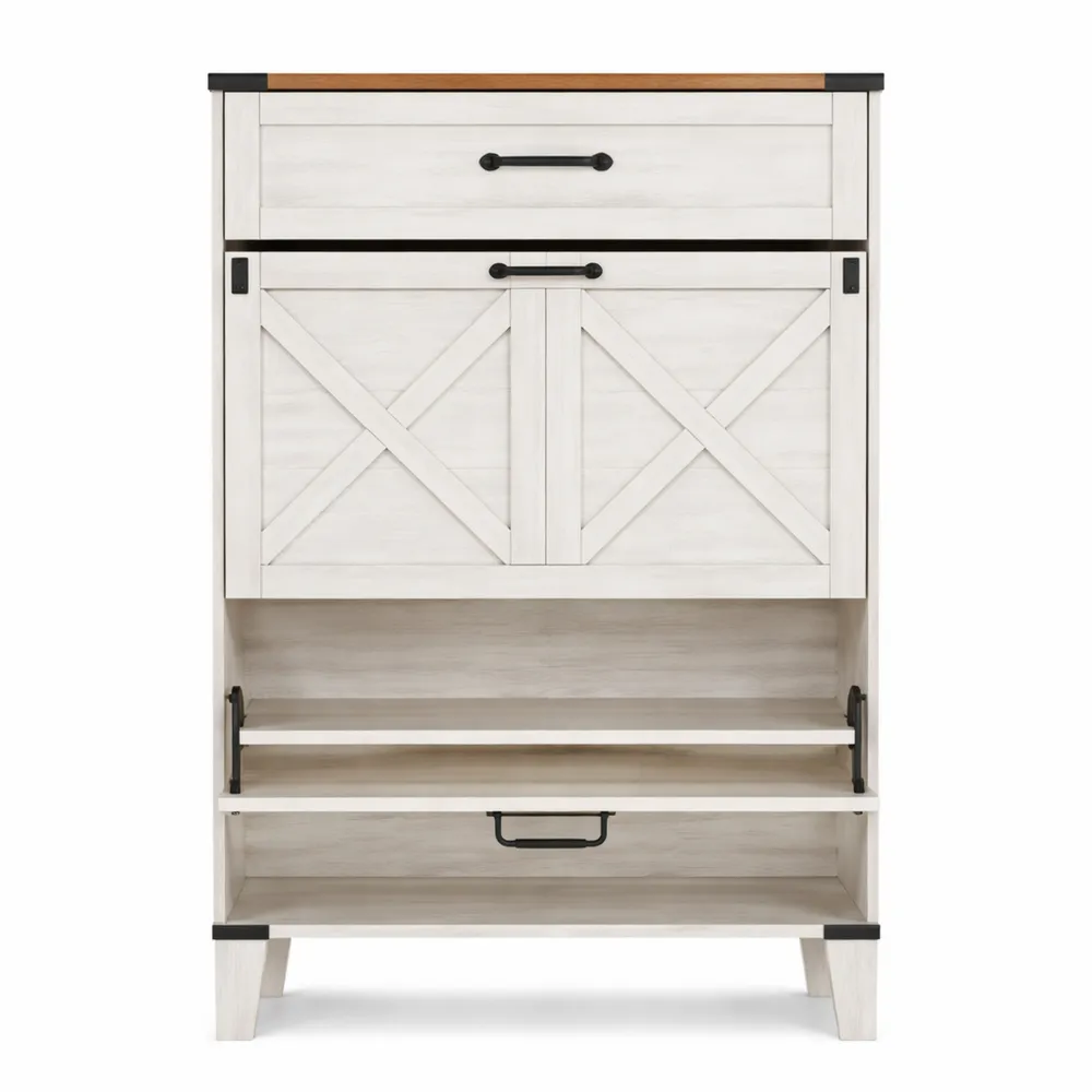 Meuble à chaussures 2 abattants avec tiroir et séparateur réglable, capacité 16 paires, idéal pour entrée ou chambre, brun et blanc