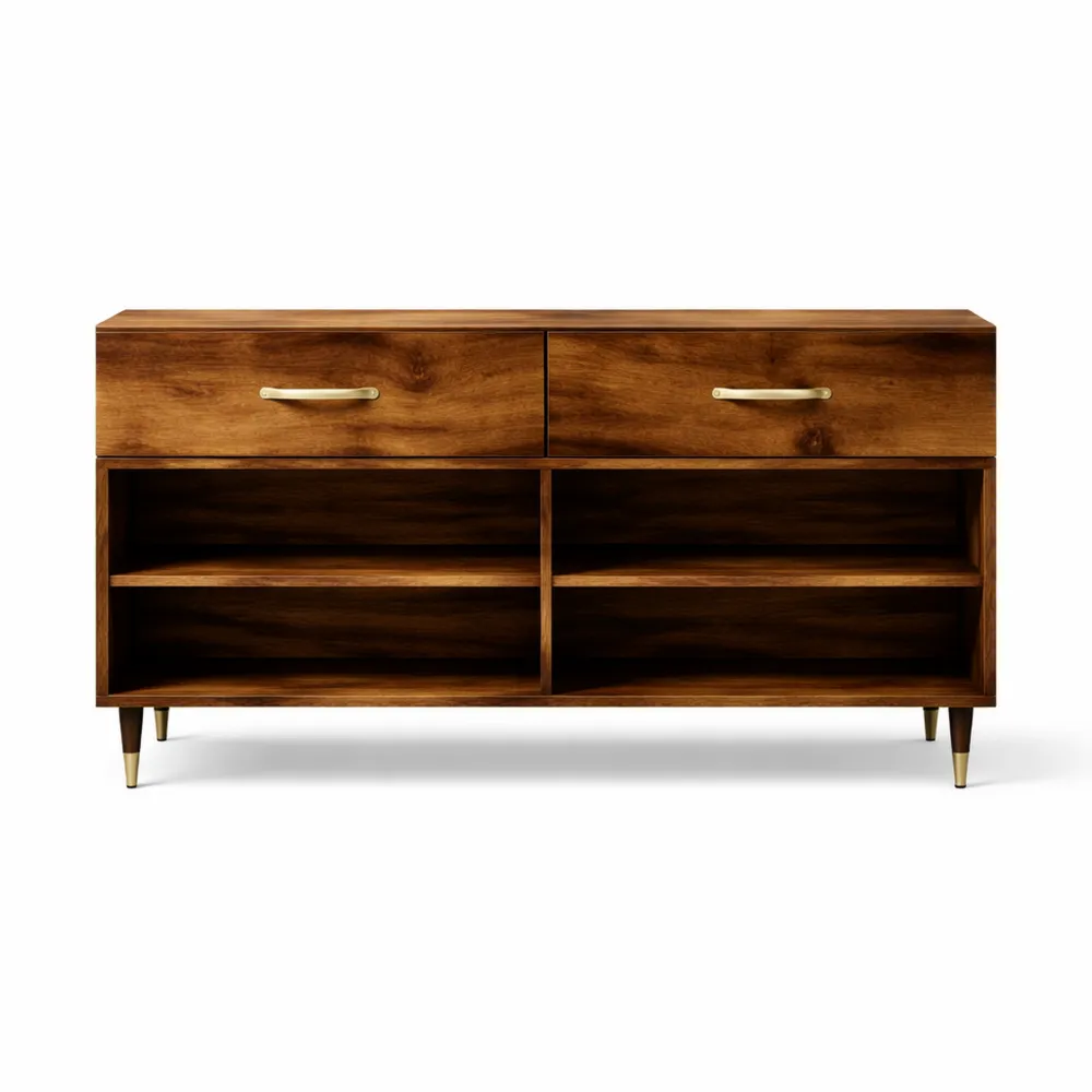 Banc de rangement à chaussures en bois, chêne fumé, deux étagères