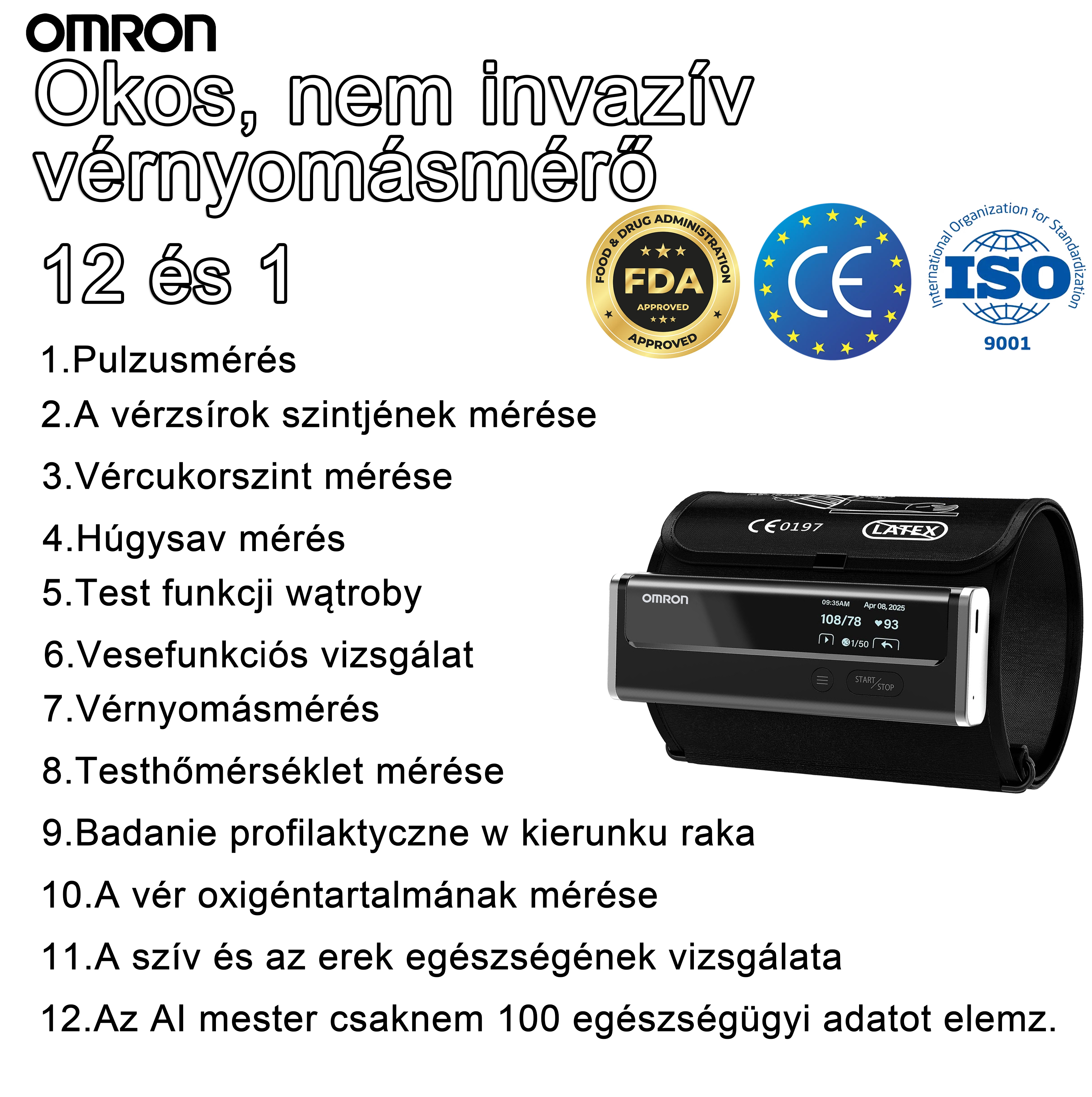 【12 az 1-ben】A legújabb, nem invazív és rendkívül intelligens vérnyomásmérő