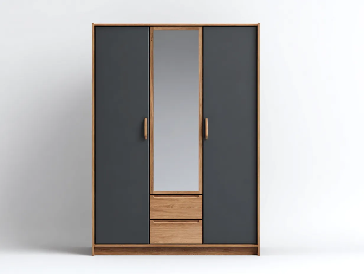 Armadio-legno-vetro-150x60x205 cm-grigio scuro-legno naturale-stile moderno-Havengolab