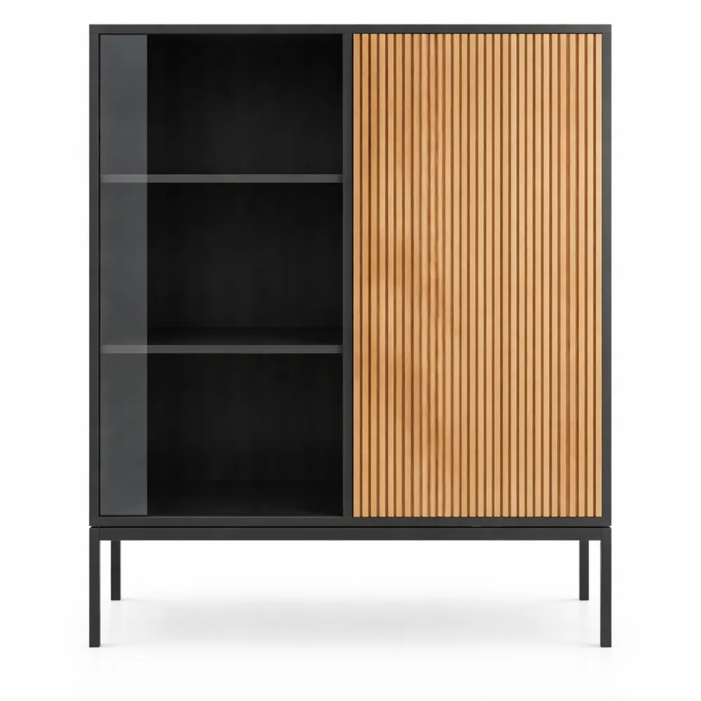 Vitrine avec éclairage LED, Chêne Wotan et Noir, 104x126x39 cm