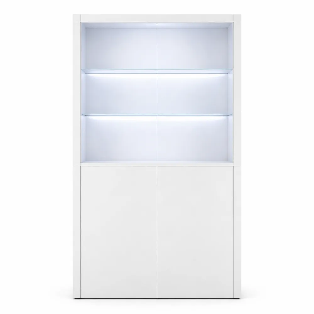 Meuble de rangement blanc brillant avec éclairage LED, 2 portes et étagères en verre