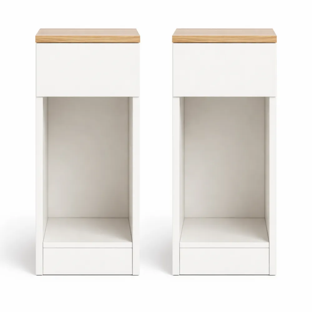 Ensemble de deux tables de chevet étroites avec tiroir et étagère pour salon