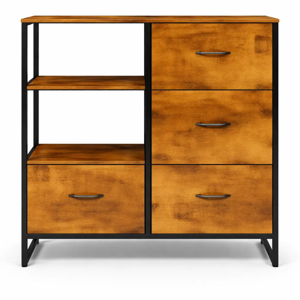 Buffet industriel avec tiroirs et étagères en acier et bois