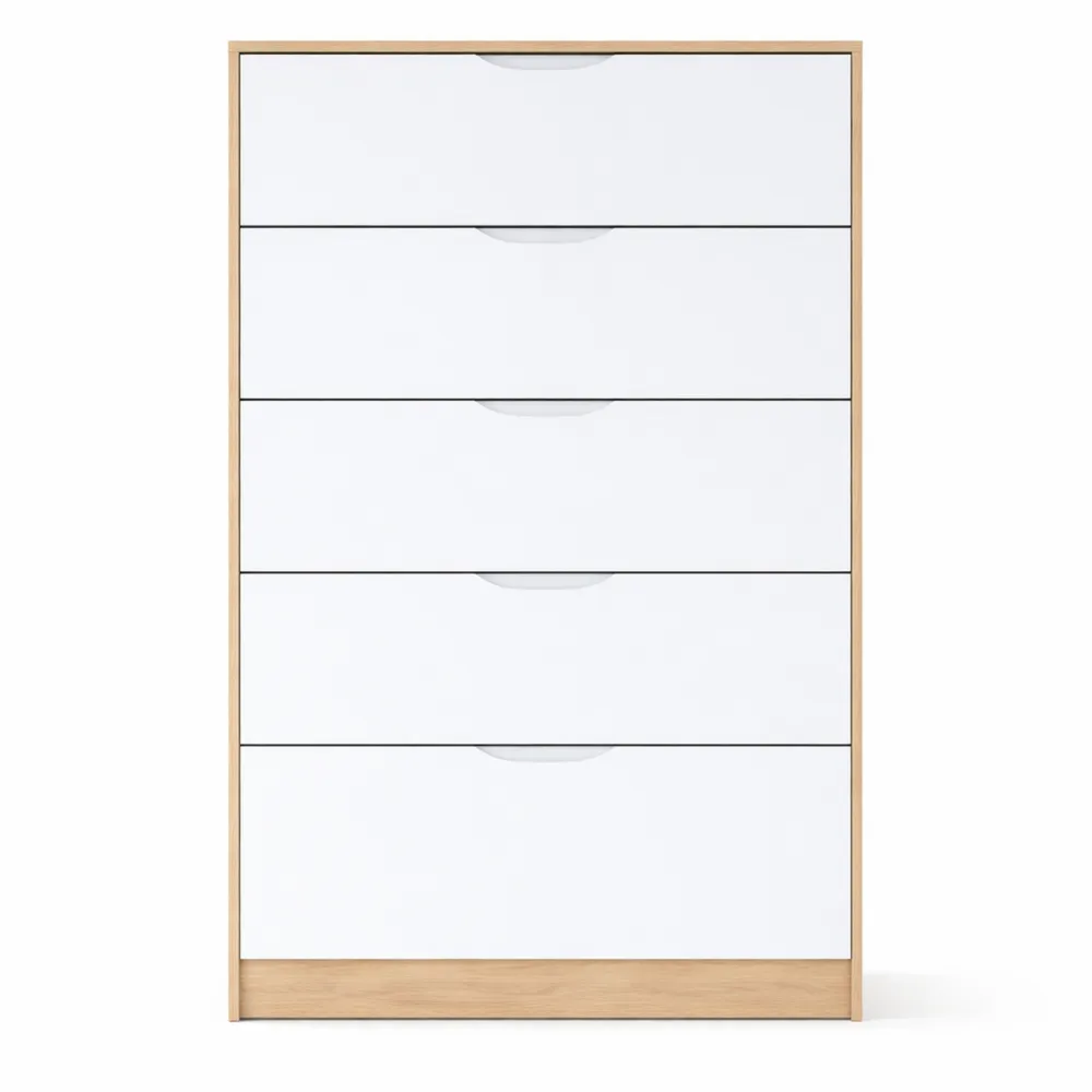 Commode 5 tiroirs en chêne canadien et blanc 110x60x40 cm