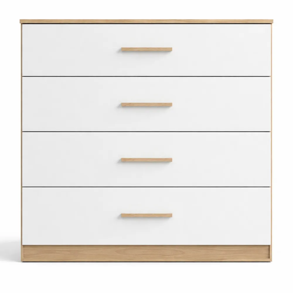 Commode scandinave 4 tiroirs, Blanc et Chêne, 100 x 42 x 85 cm