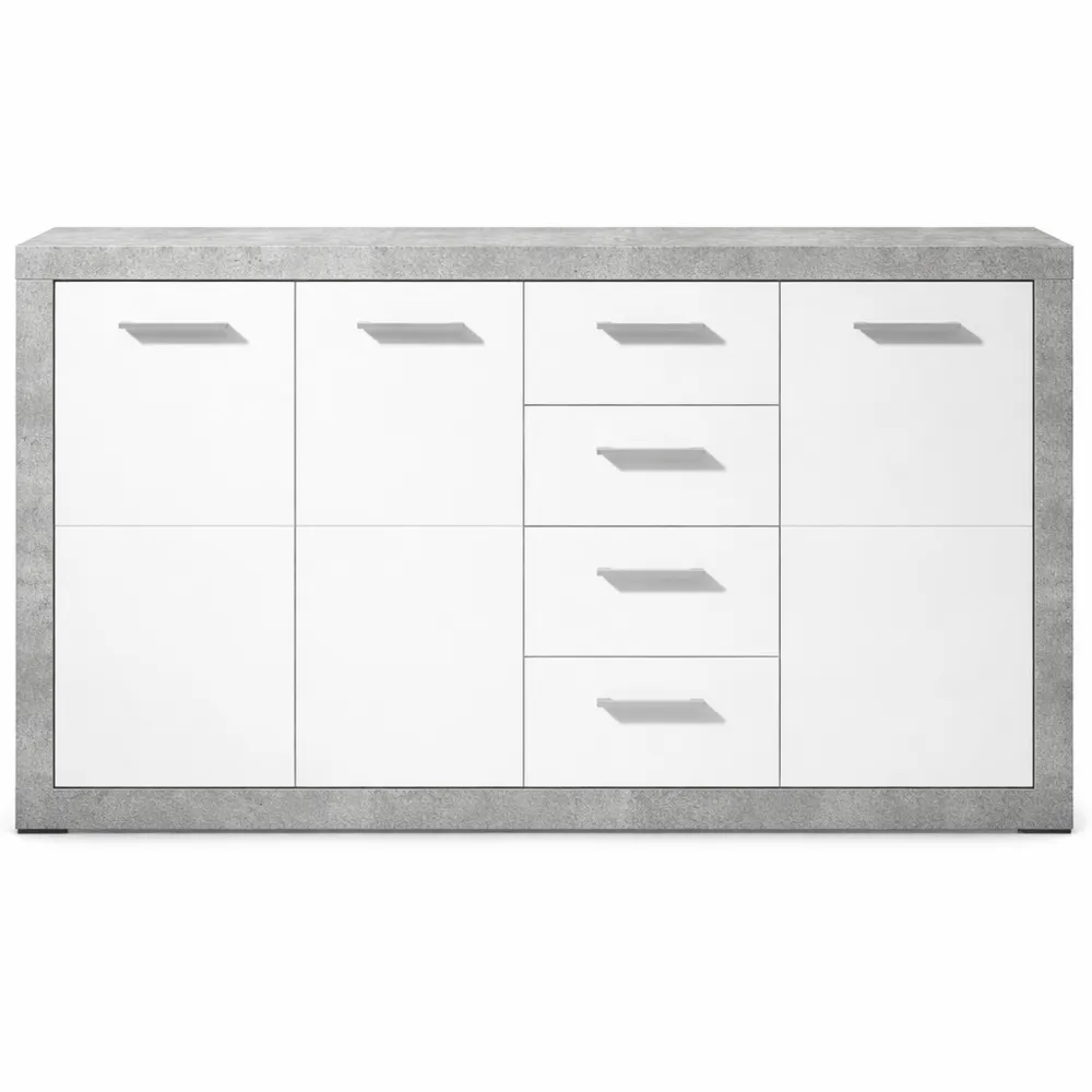 Commode moderne avec tiroirs, finition béton et blanc brillant