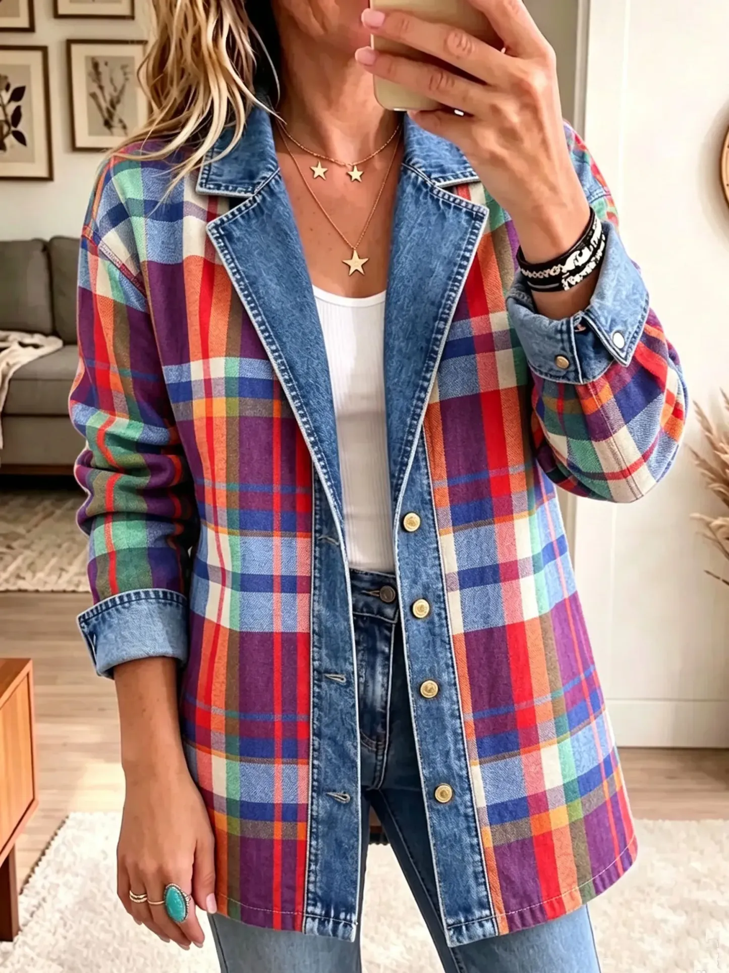 Boho Plaid Corduroy Denim Spliced Jacket