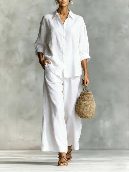 Women's Simple Cotton And Linen Shirt Set