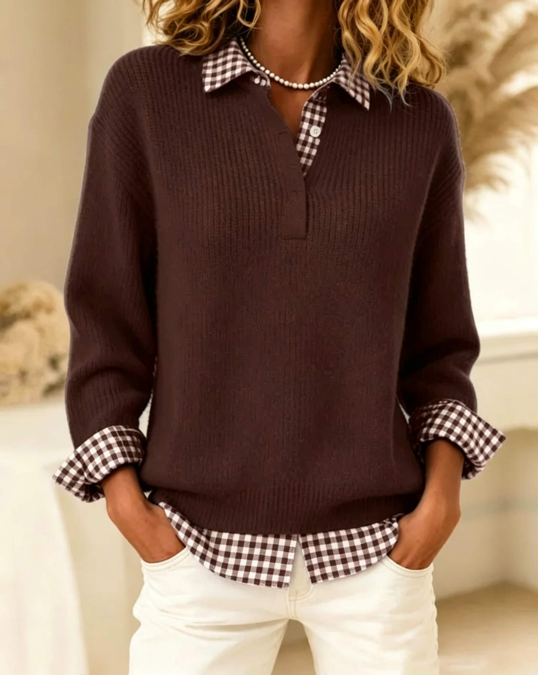 Solid Color Plaid Patchwork Jumper