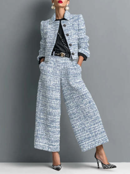 Tweed Cropped Jacket & High Waist Wide Leg Pants 2 Piece Set