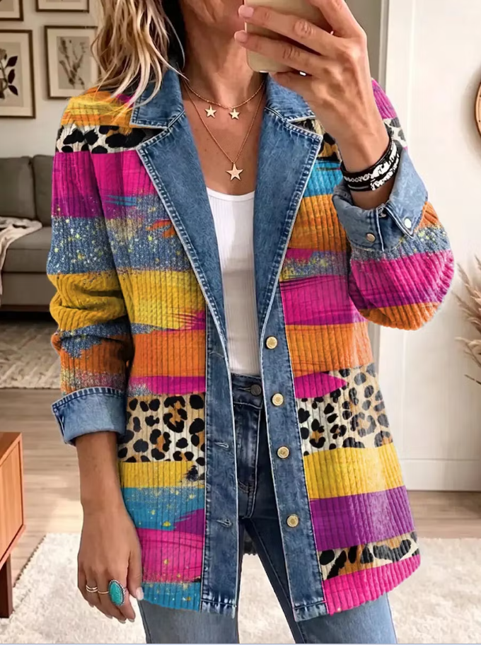 Boho Plaid Corduroy Denim Spliced Jacket