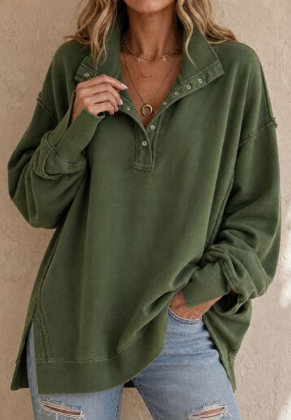 Raw-Edge Split-Cuff Oversized Pullover