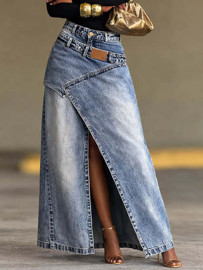 Women's Denim High Waisted Asymmetrical Slit Maxi Skirt
