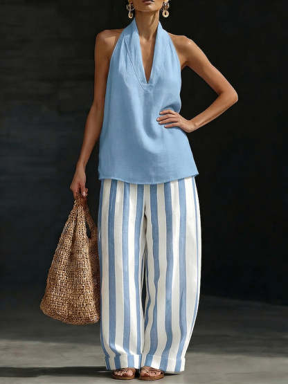 Classic Cozy Striped Cotton-linen Two-piece Set