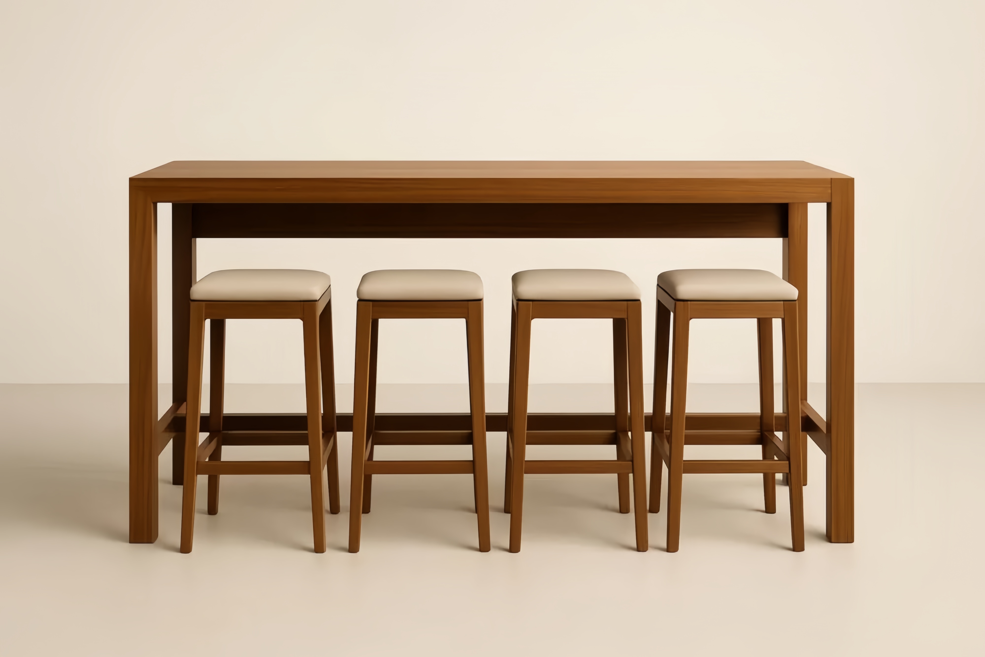 Table en bois massif avec 4 tabourets rembourrés beige