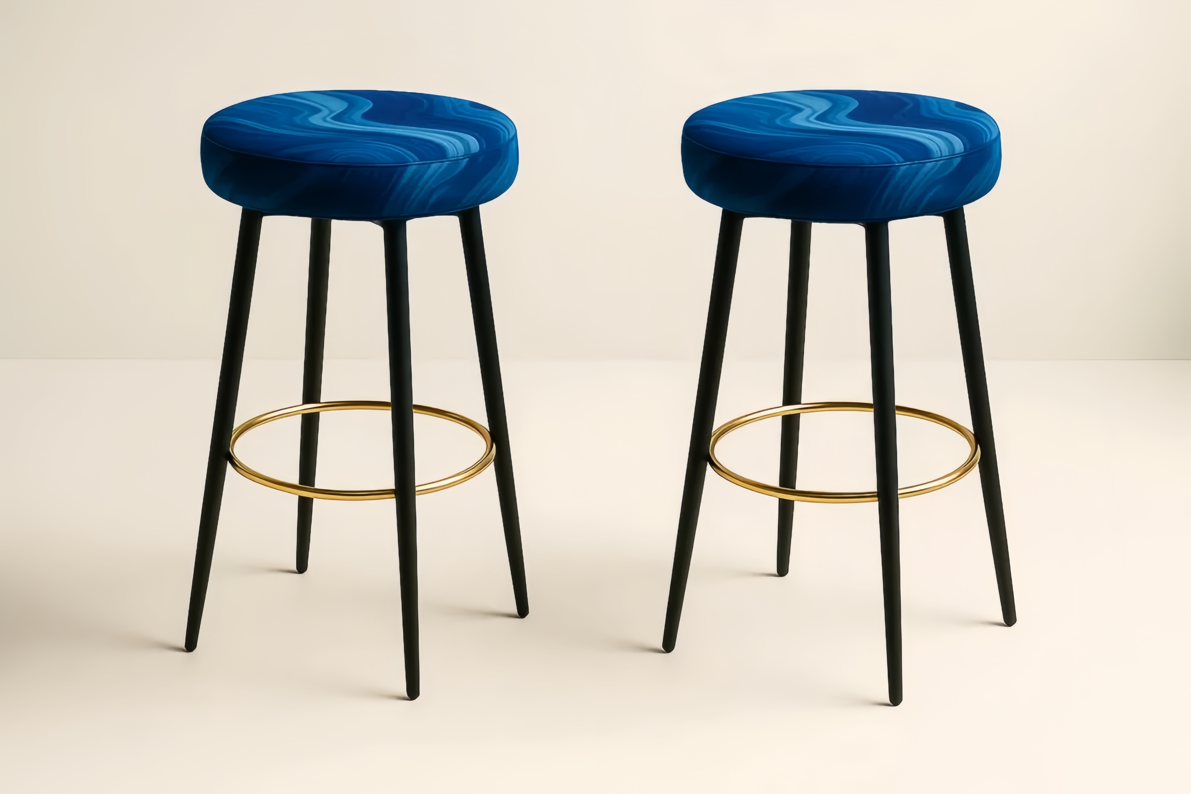 Tabourets de Bar en Tissu Bleu avec Structure en Acier et Laiton, Lot de 2