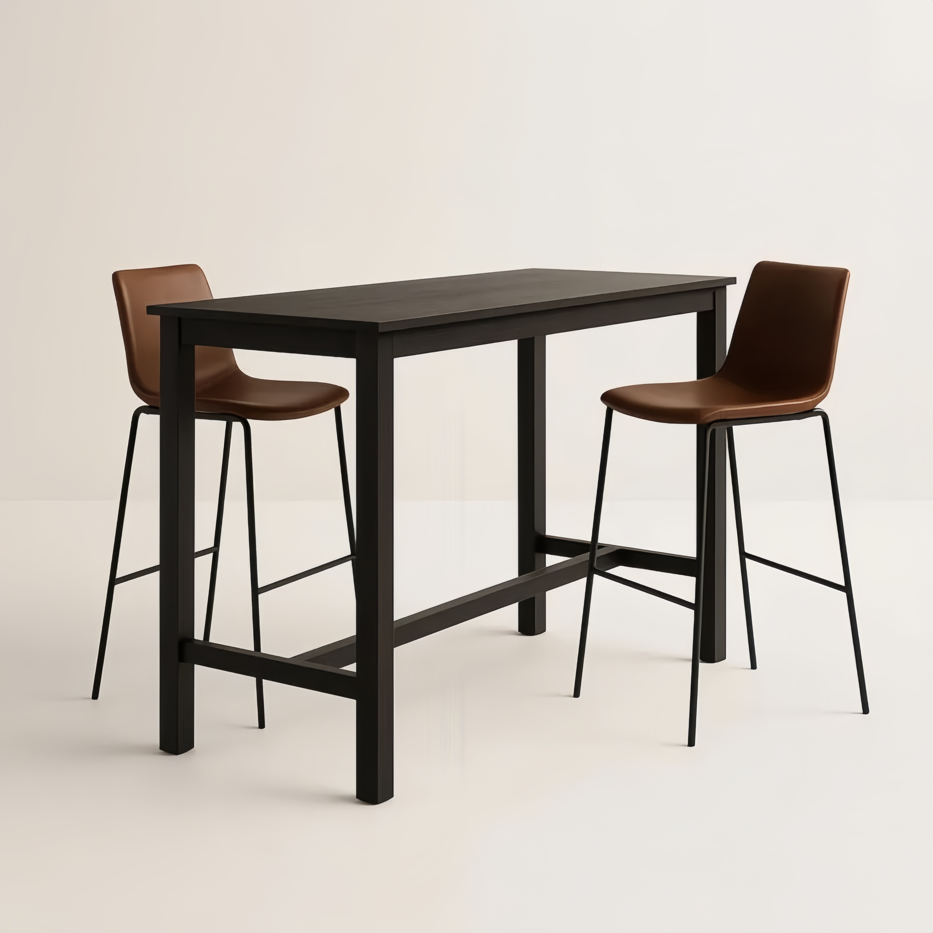 Table Haute Rectangulaire en Bois Noir avec Tabourets en Métal Marron