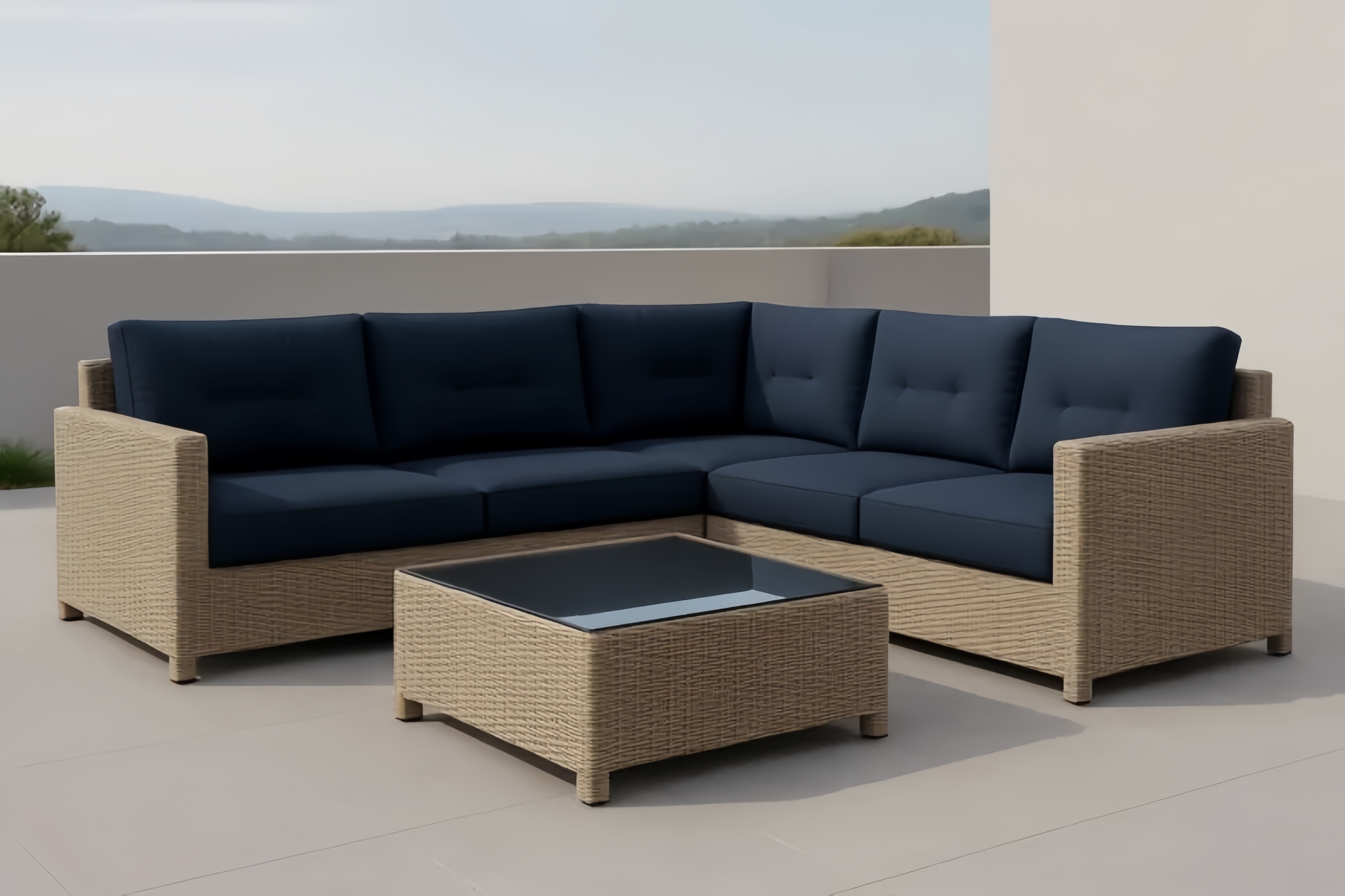 Salon de jardin en osier beige coussins en polyester bleu avec table basse en verre trempé