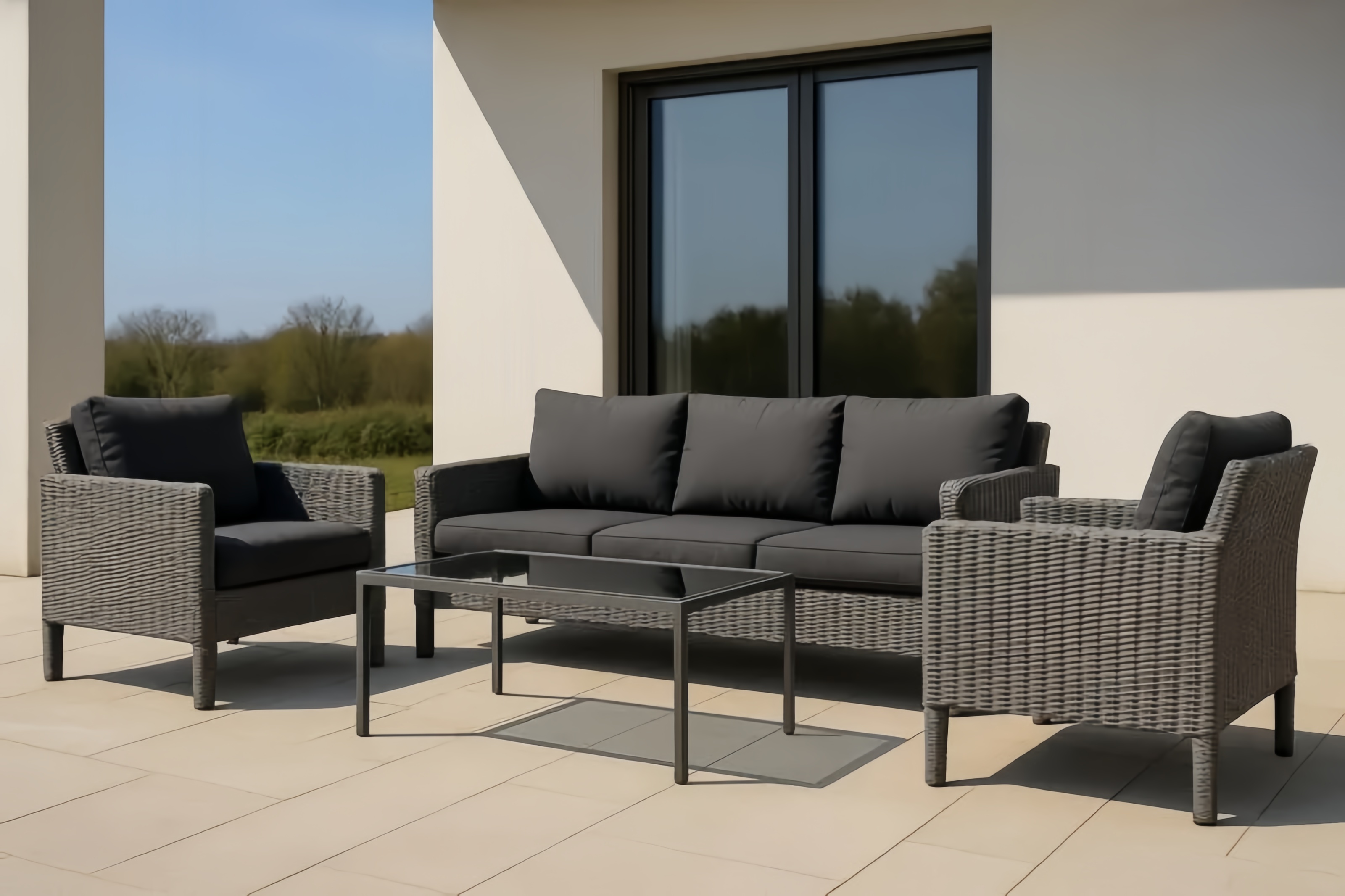 Ensemble de mobilier d'extérieur en résine tressée gris avec coussins gris