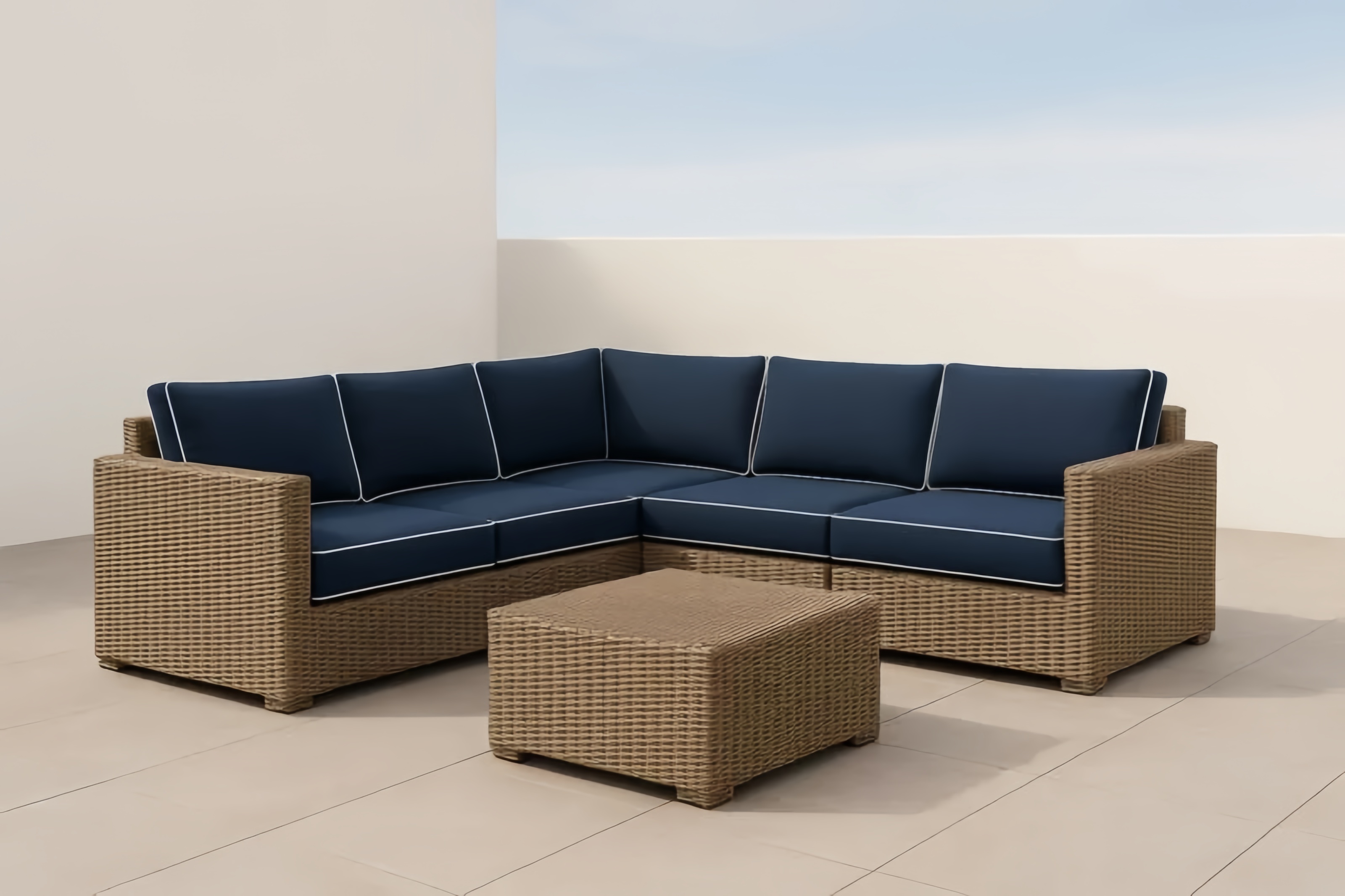 Ensemble de Canapés d'Angle en Résine Tressée Marron avec Coussins Bleu