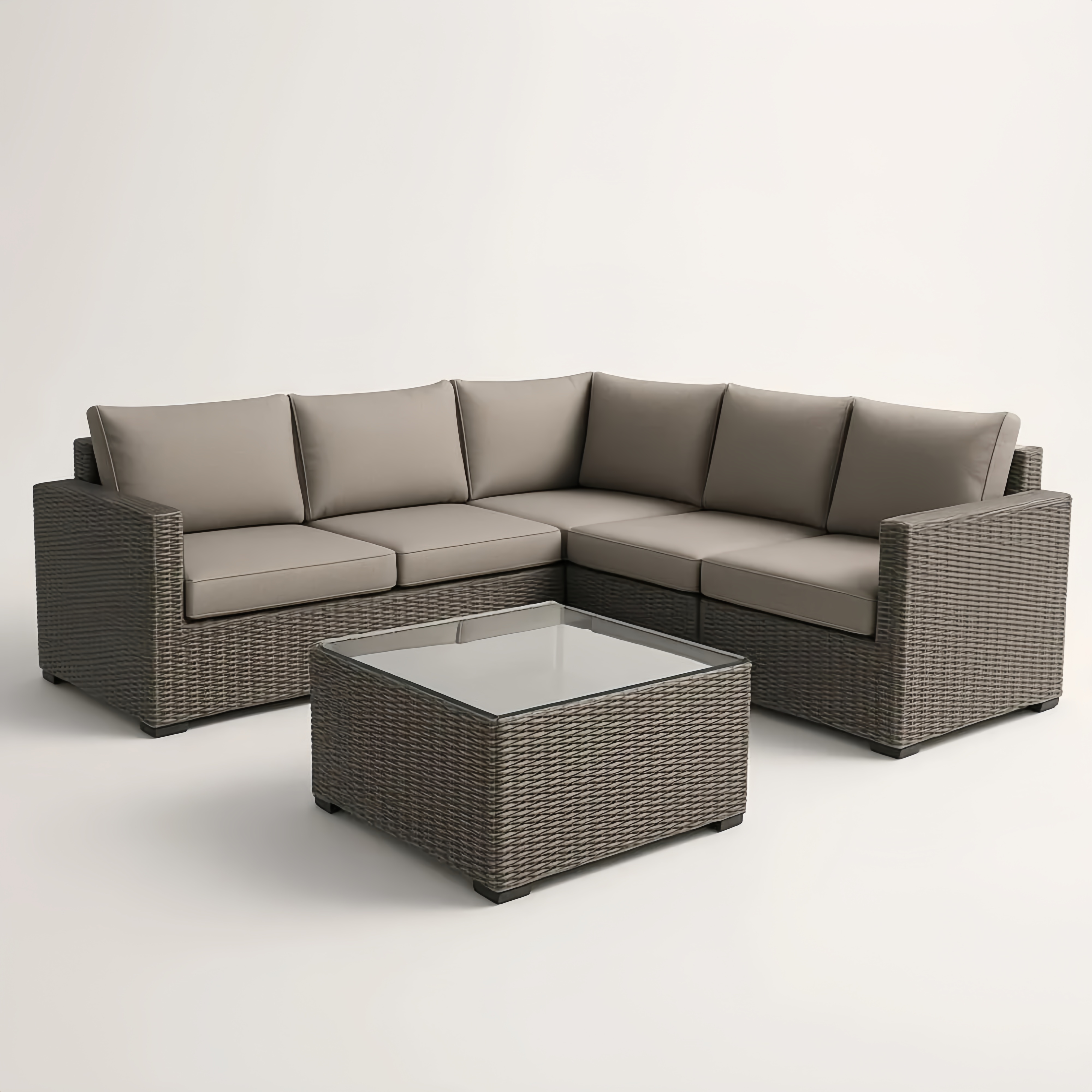 Ensemble canapé d'angle extérieur résine tressée coussins polyester table basse verre tempéré brun