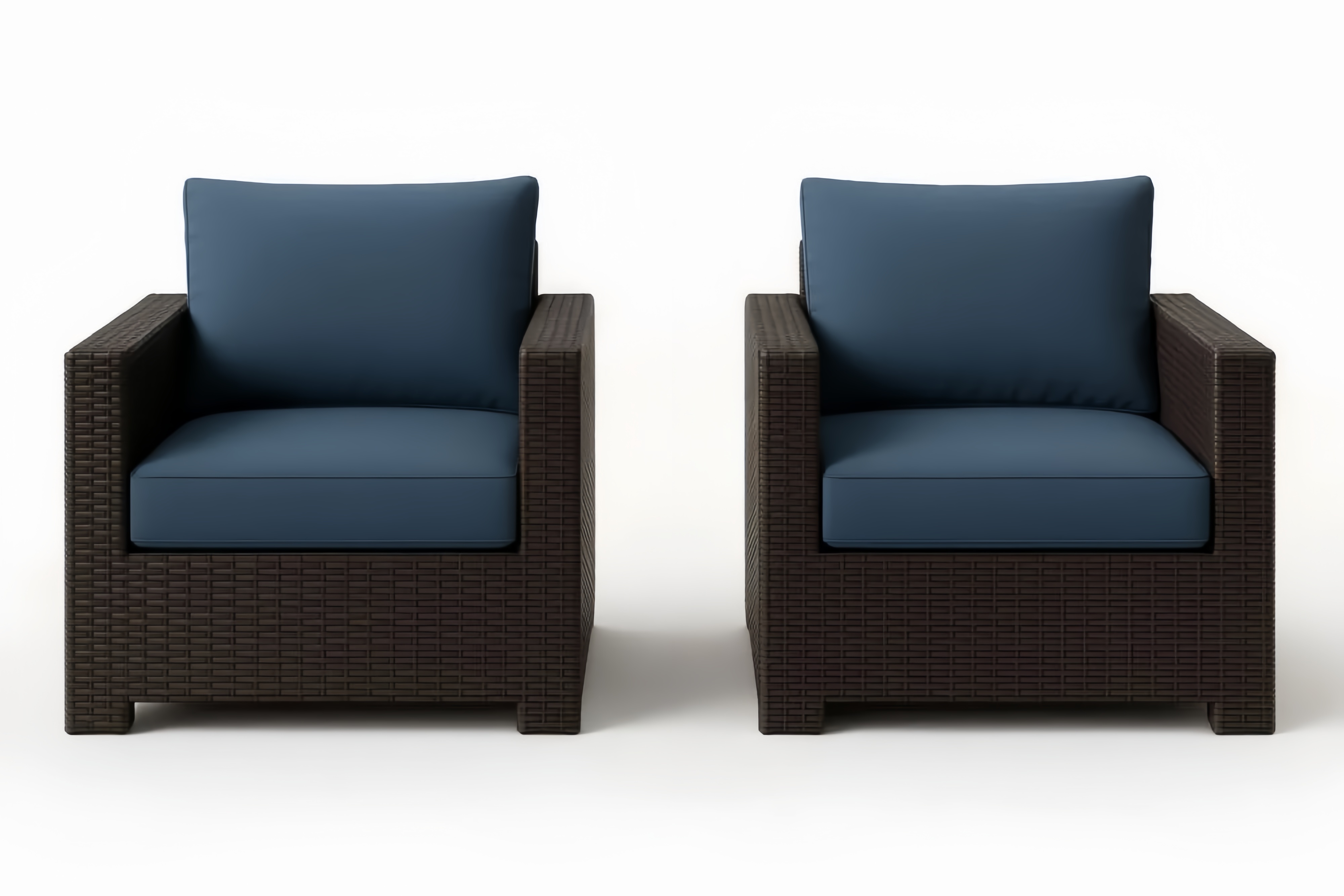 Ensemble de 2 fauteuils en résine tressée avec coussins bleus