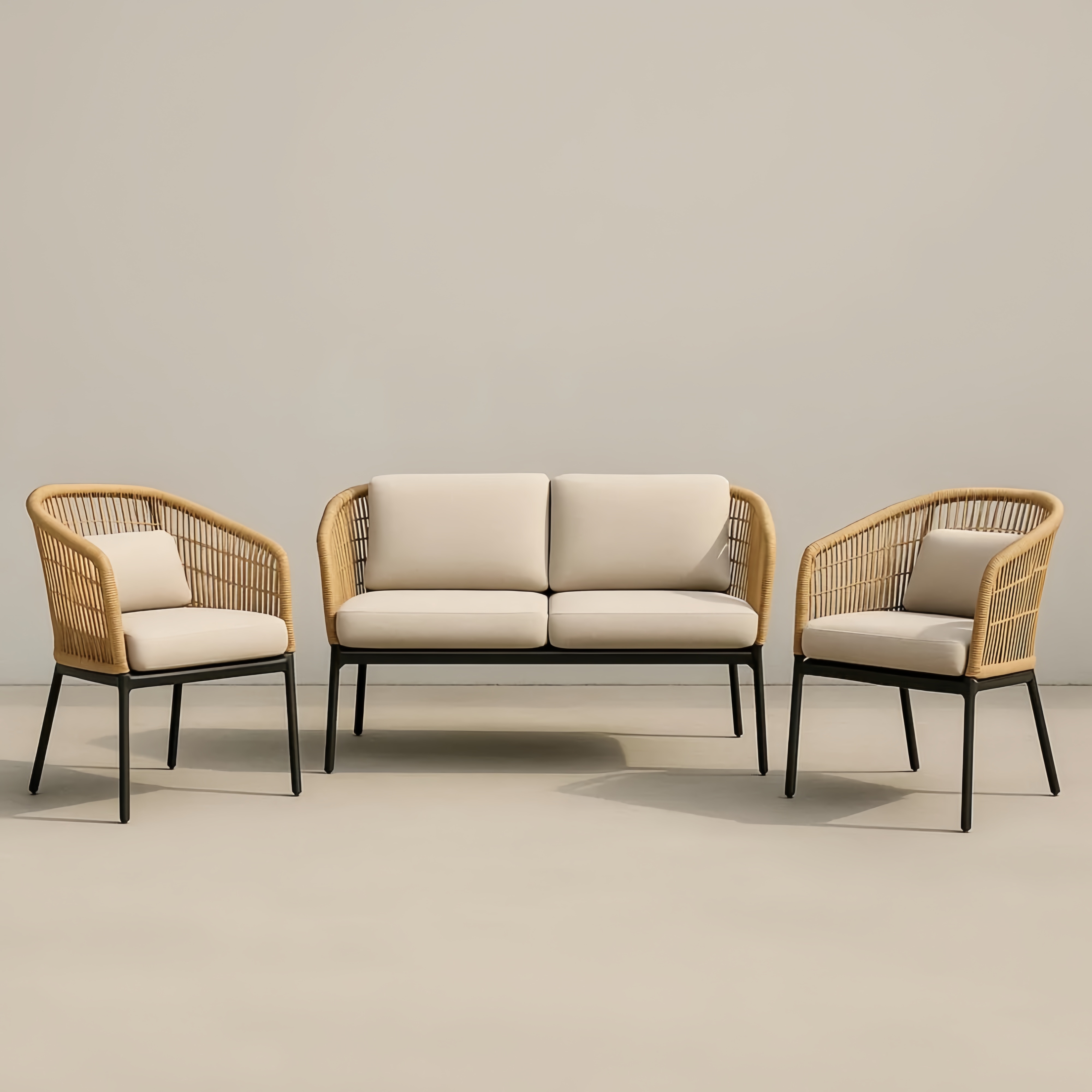 Ensemble de Salon Extérieur en Rotin et Métal Beige 3 Pièces