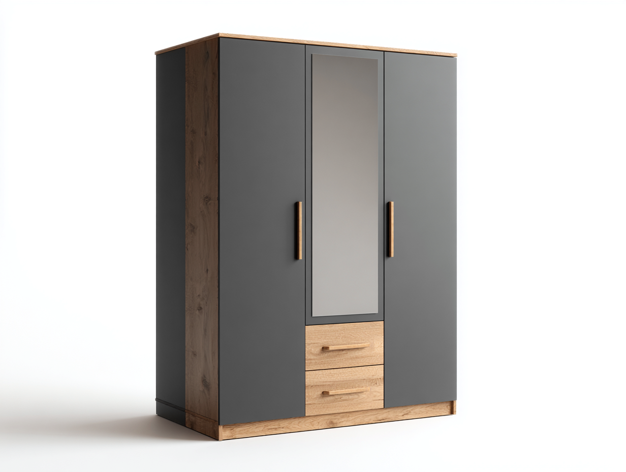 Armoire en bois et métal 150 x 55 x 200 cm - gris foncé et chêne naturel - avec miroir - adaptée à la chambre - design moderne-Loftupshop