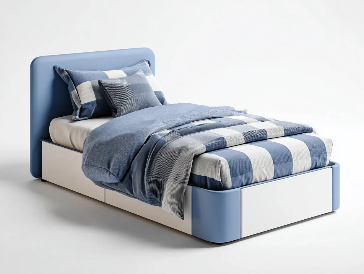 Lit simple 200x90x85 cm - structure bois avec rangement - bleu - blanc - design moderne pour chambre-Loftupshop